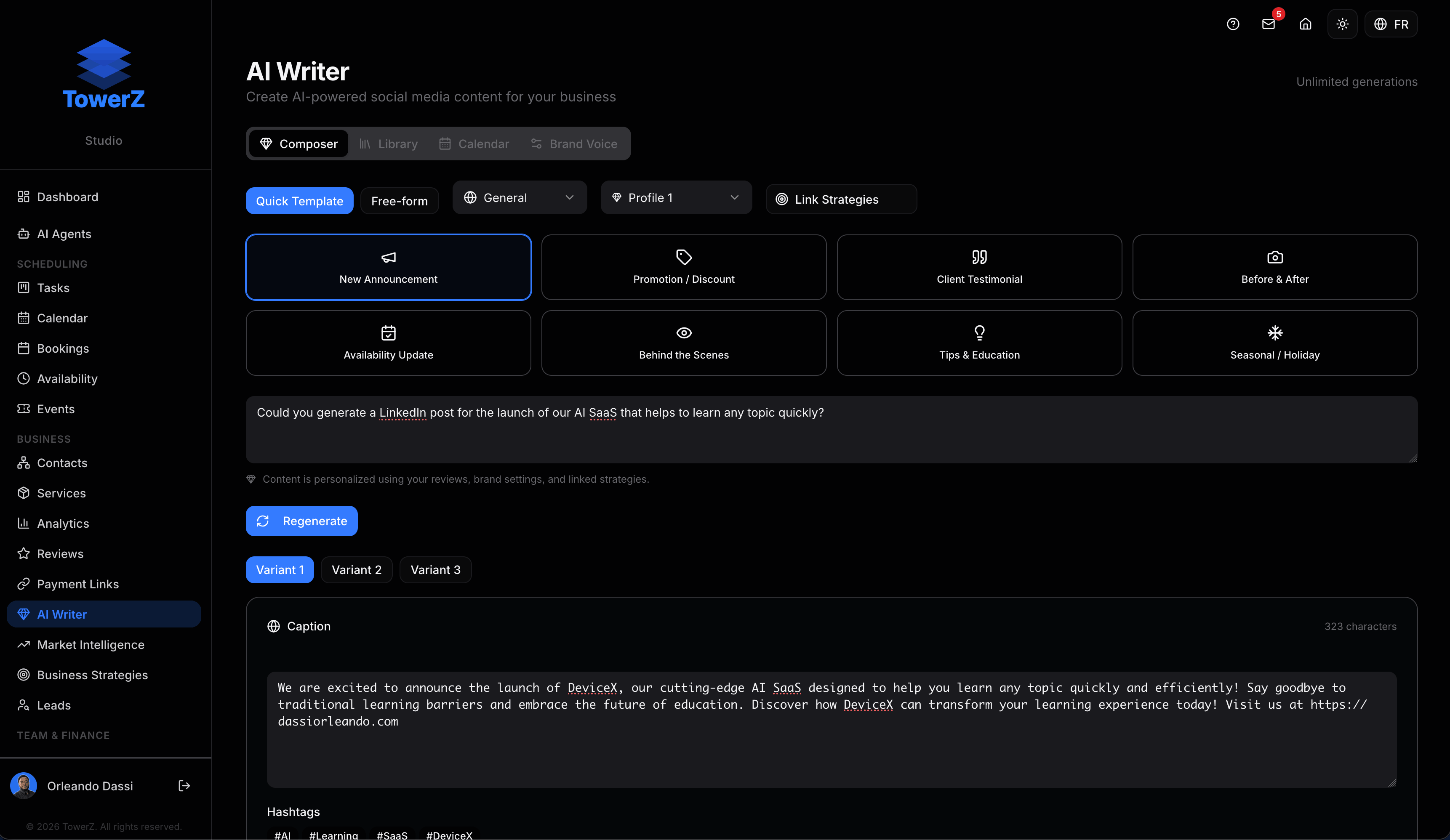 TowerZ AI Writer, content generation and calendar planning