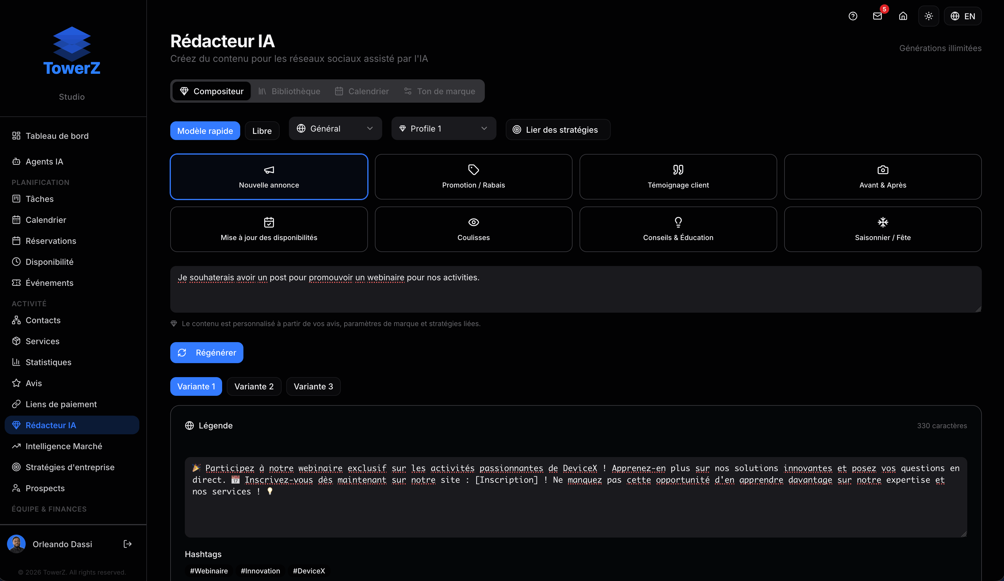TowerZ Rédacteur IA, génération de contenu et planification du calendrier
